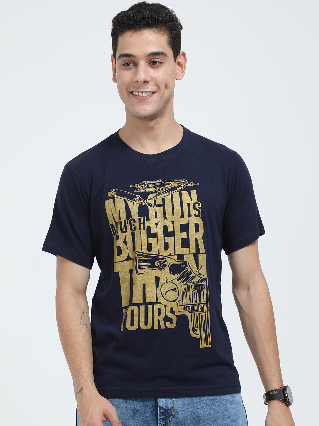 Fleximaa Men Navy Blue Typography Printed Raw Edge T-shirt