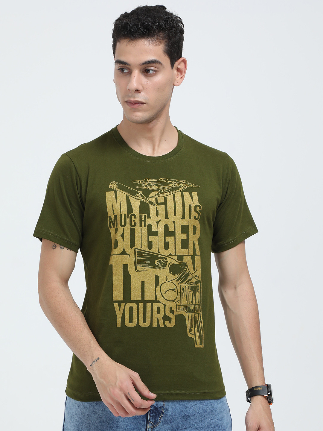 Fleximaa Men Olive Green Typography Printed T-shirt