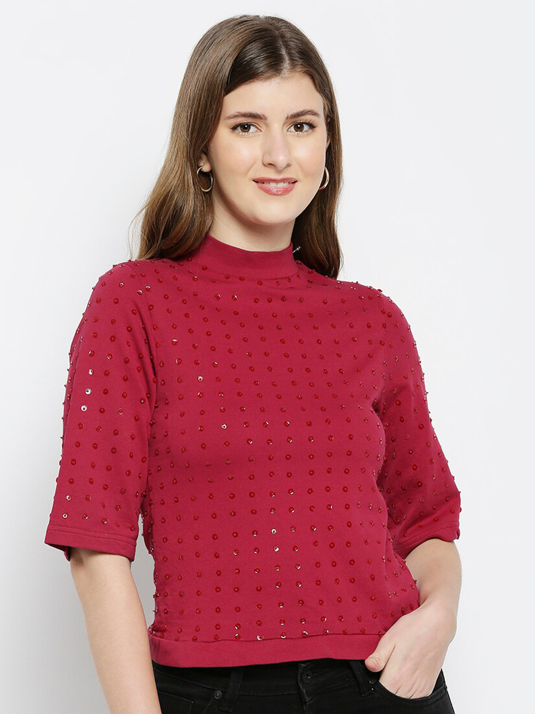 aaliyan Women Maroon Self Design Regular Top