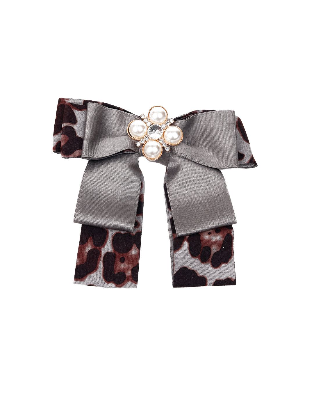 ODETTE Women Grey & Brown Printed Bow Brooch