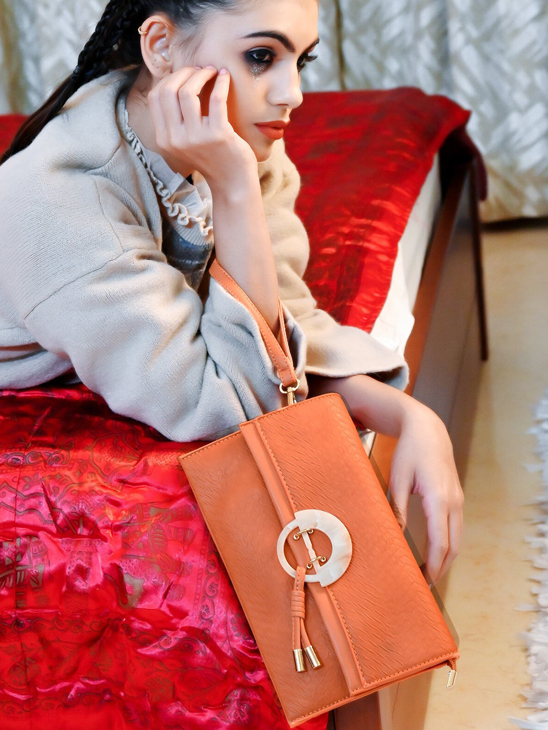 ODETTE Orange Textured Purse Clutch