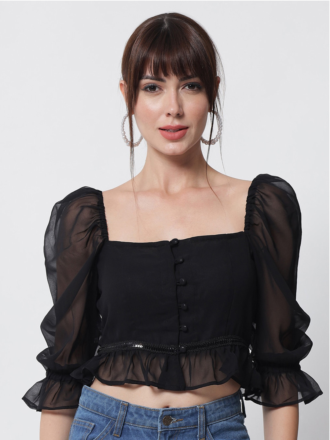 studio rasa Black Ruffles Georgette Crop Top
