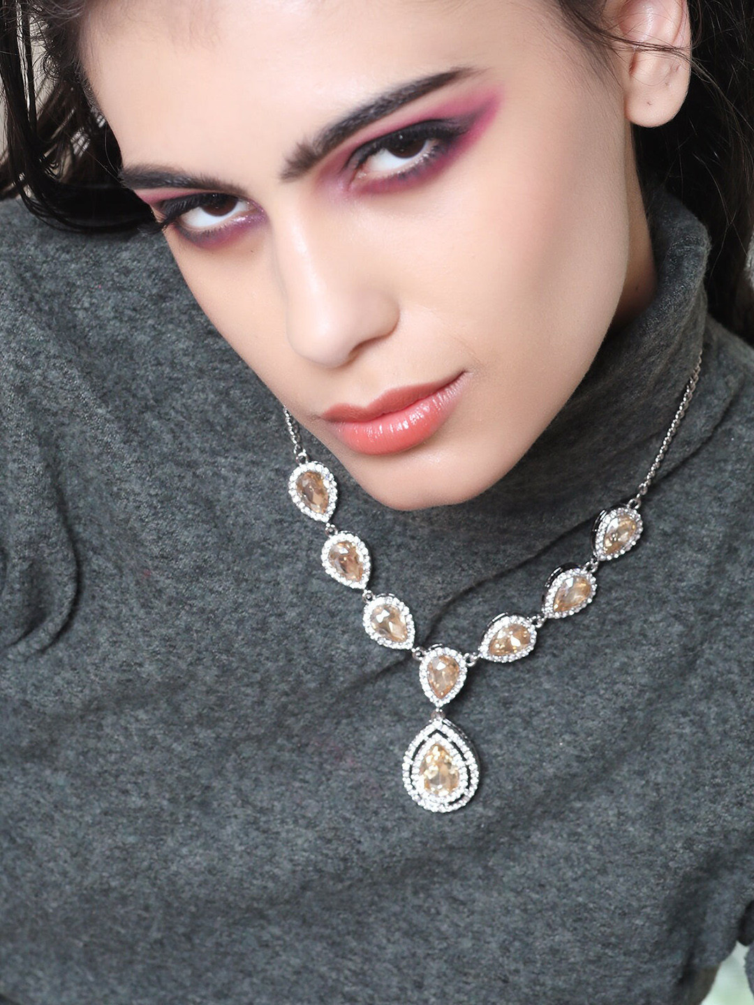 ODETTE Silver-Toned & Gold-Toned Stones-Studded Necklace