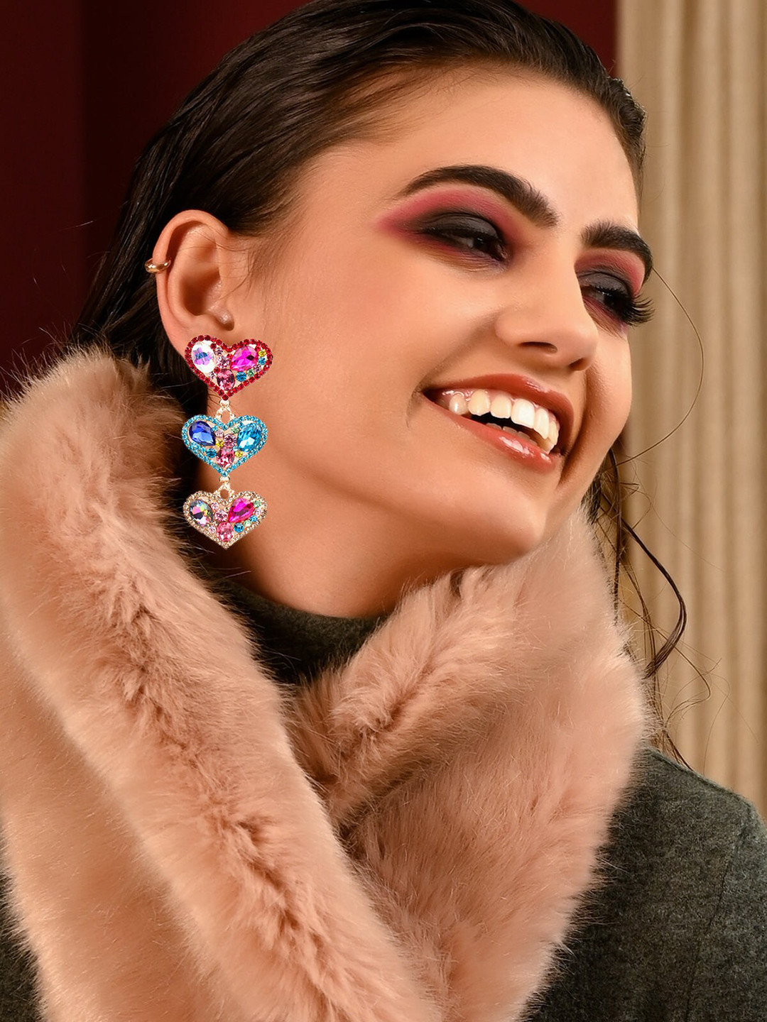 ODETTE Silver-Toned Pink Blue & Gold coloured Heart shaped Classic Half Hoop Earrings