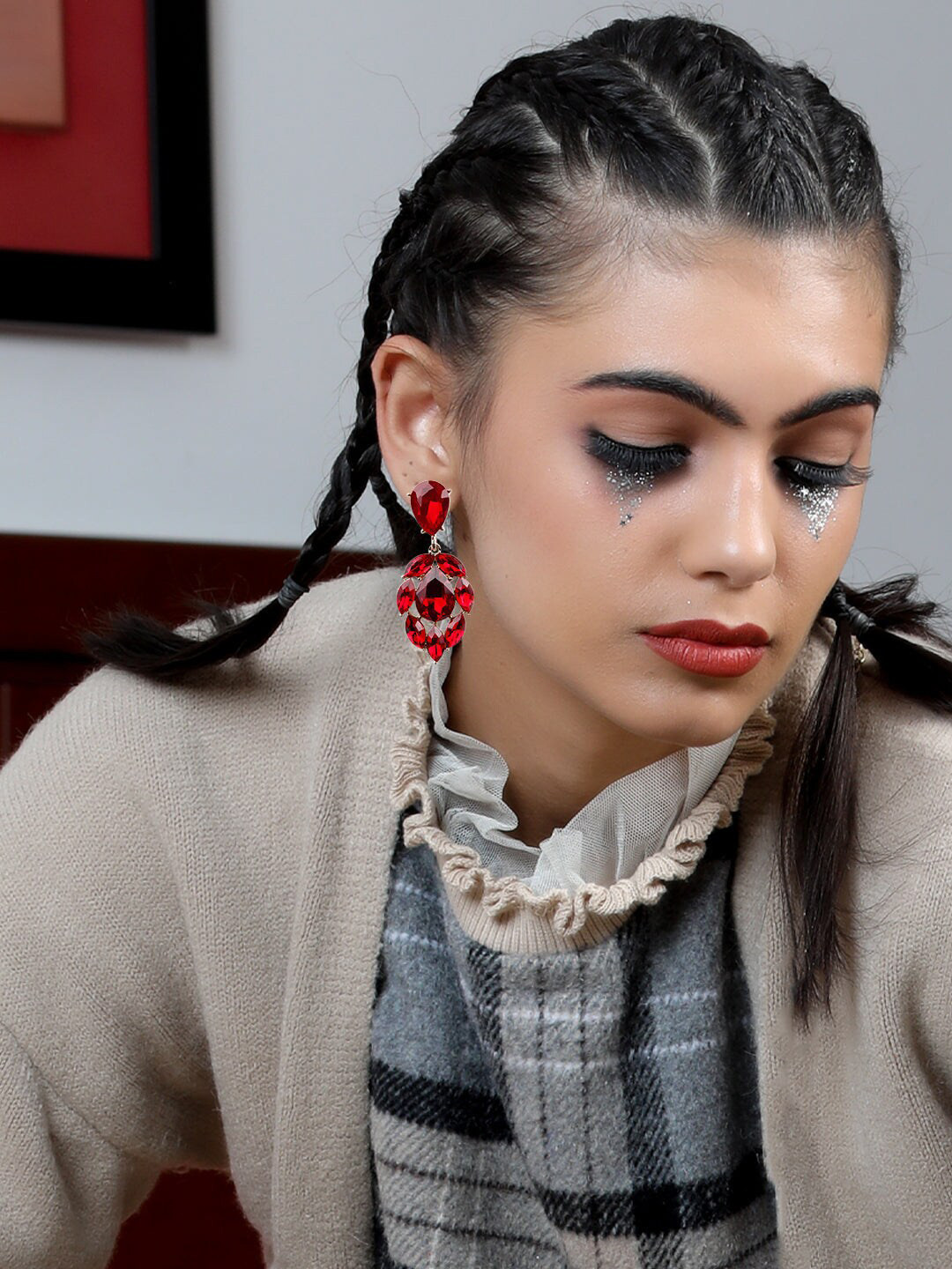 ODETTE Red Oval Drop Earrings