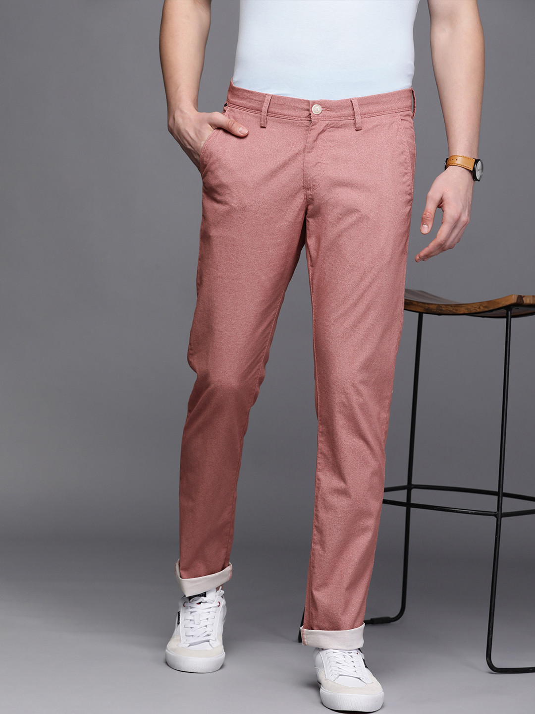 Allen Solly Men Pink Self Designed Mid Rise Regular Trousers