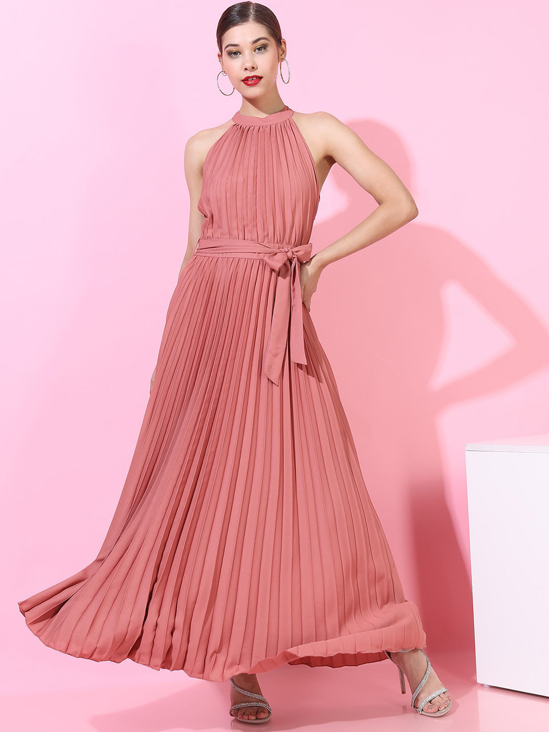 Tokyo Talkies Women Rose Pink Halter Neck Pleated Maxi Dress