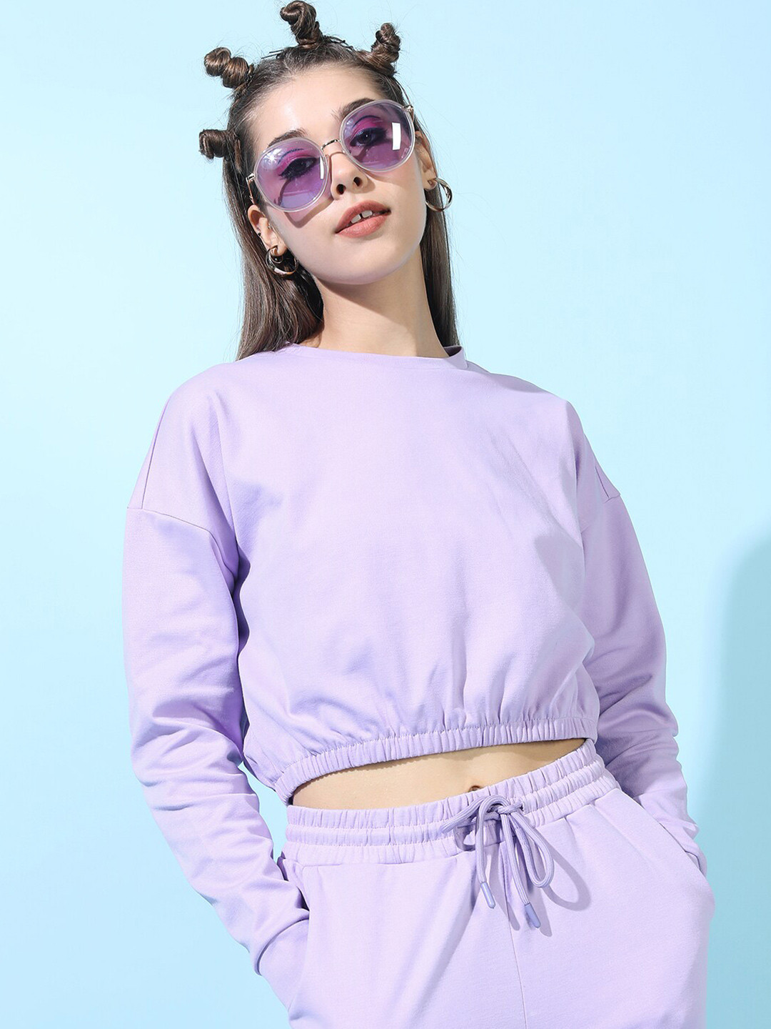 Tokyo Talkies Lavender Extended Sleeves Blouson Crop Top