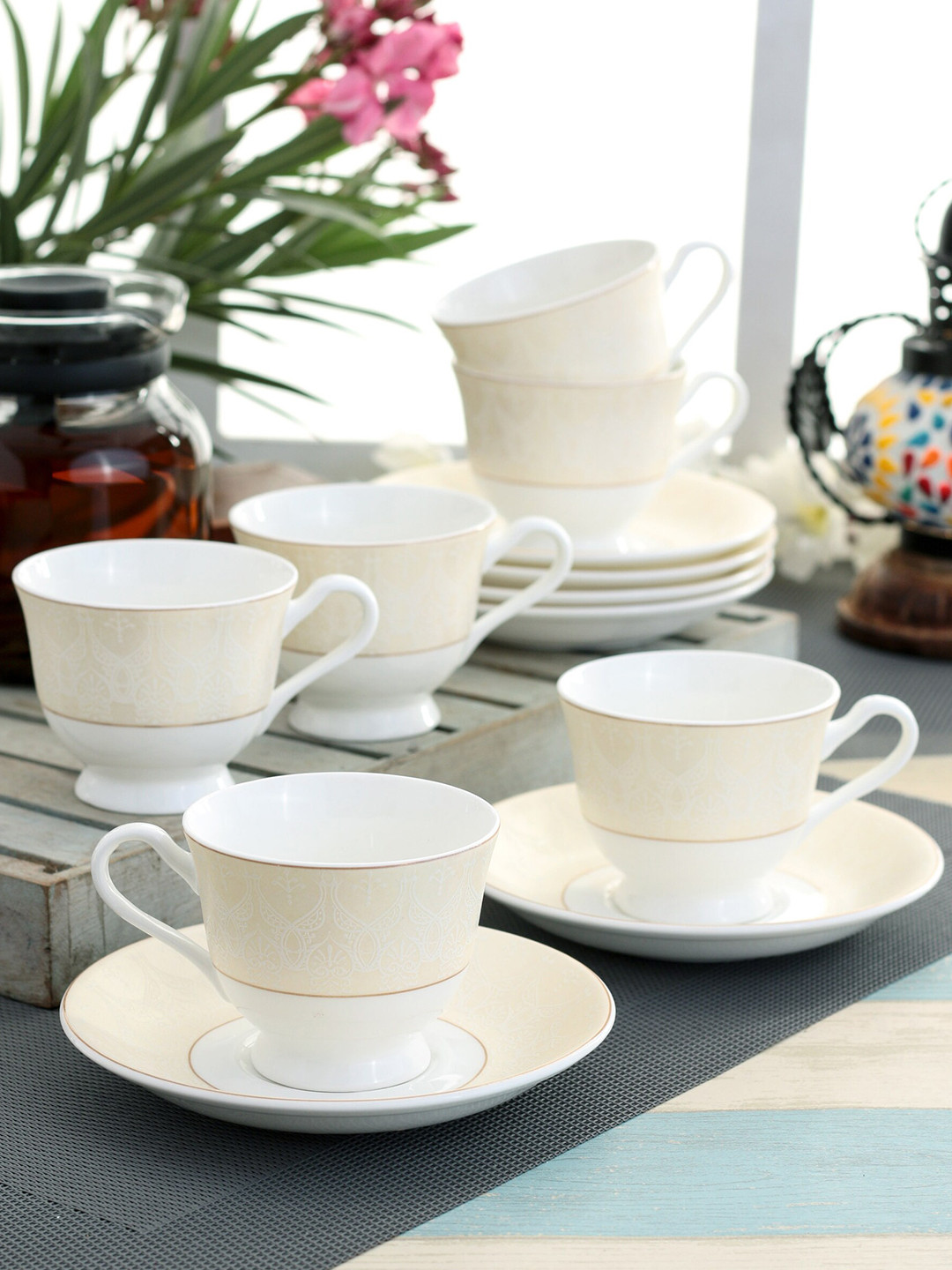 CLAY CRAFT Set Of 12 White & Cream-Coloured Printed Ceramic Glossy Cups and Saucers