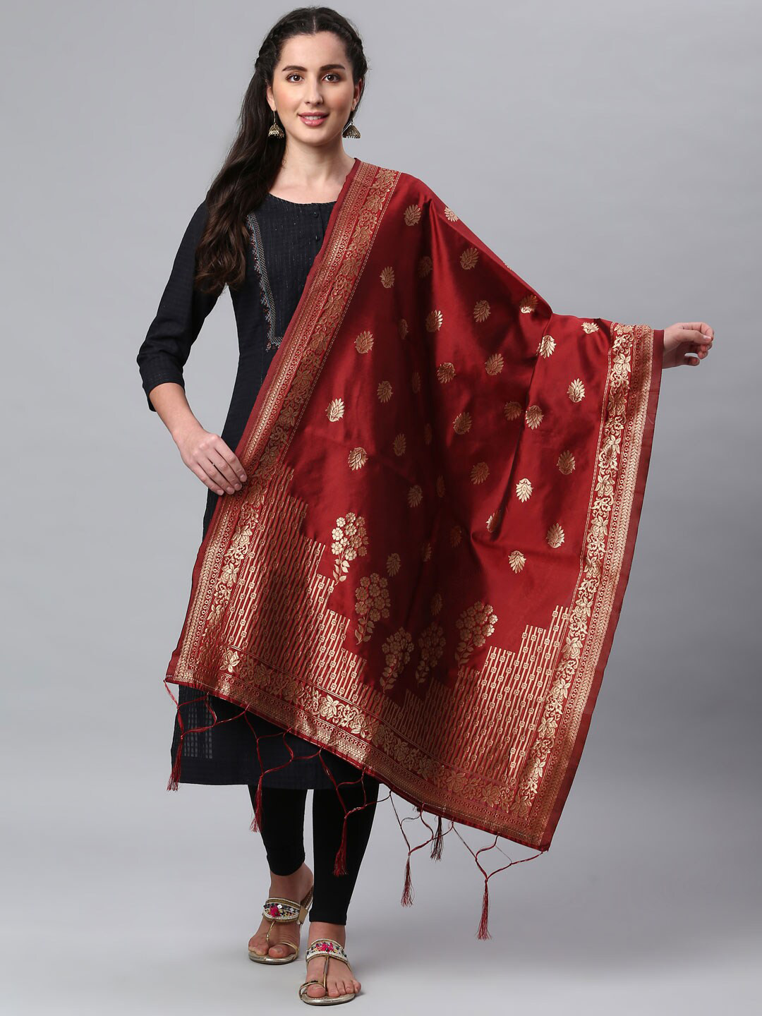 Lilots Maroon & Golden Ethnic Motifs Woven Design Banarasi Silk Jacquard Dupatta
