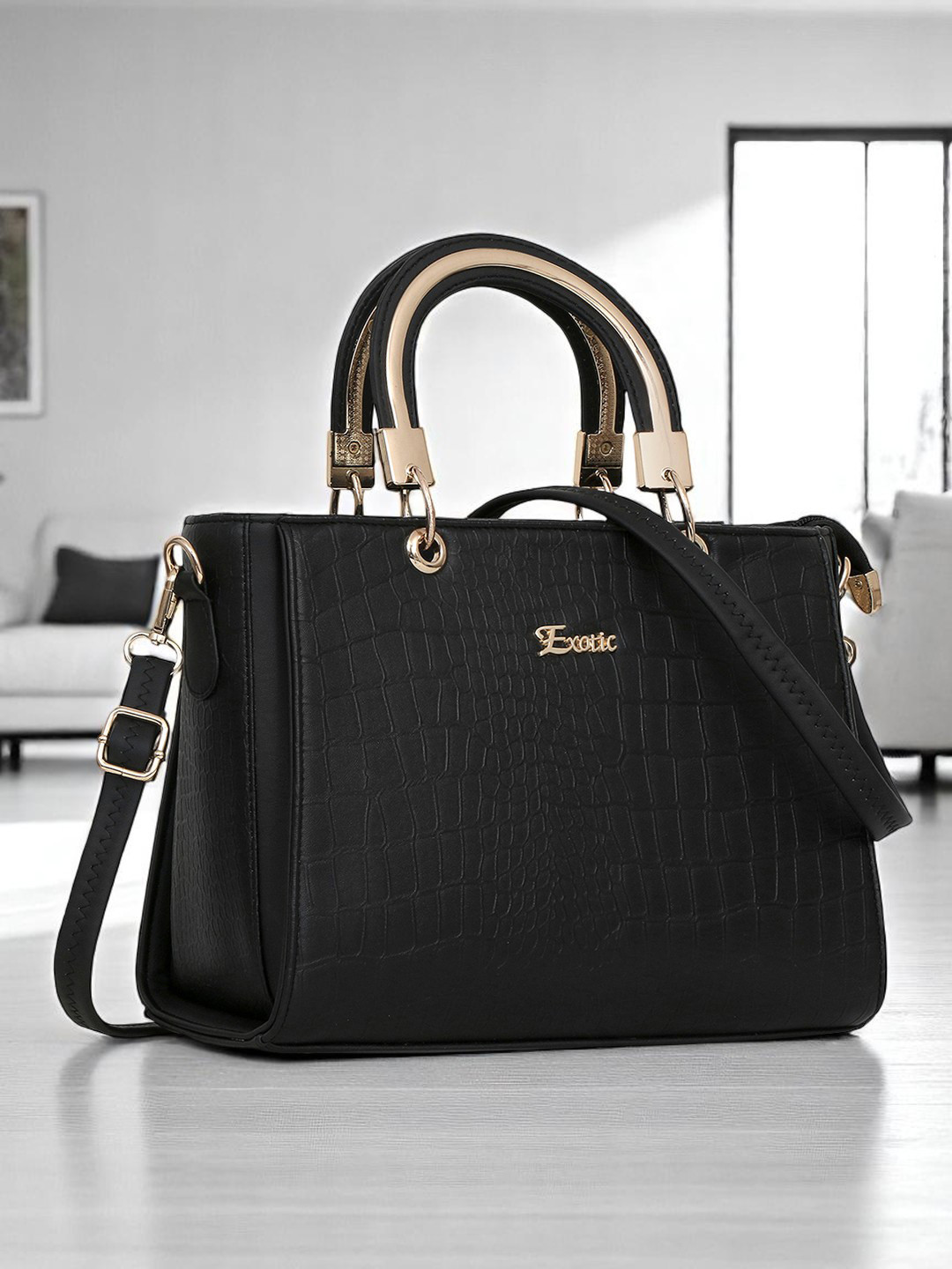 Exotic Black PU Structured Handheld Bag