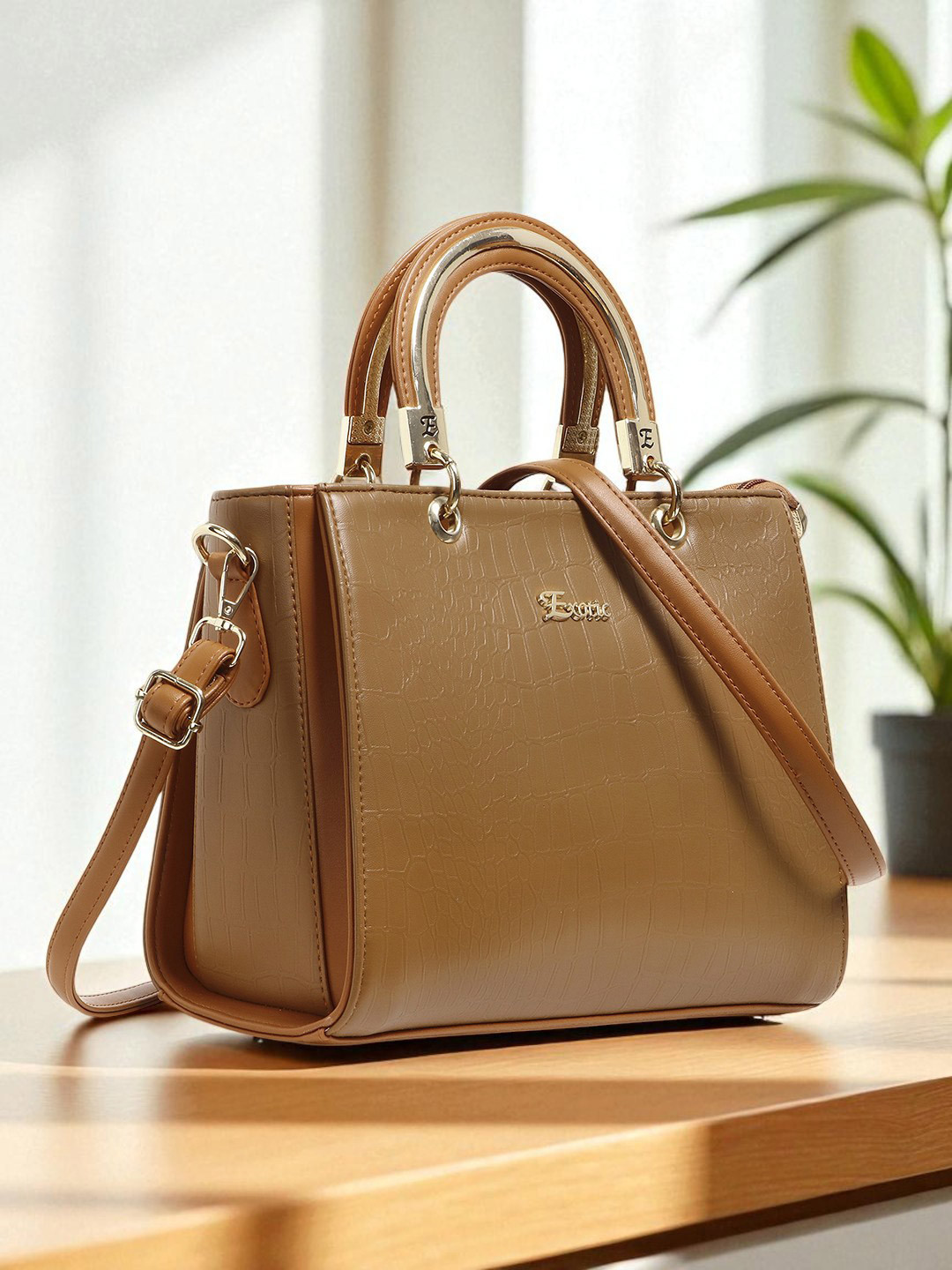Exotic Tan Structured Satchel Bag