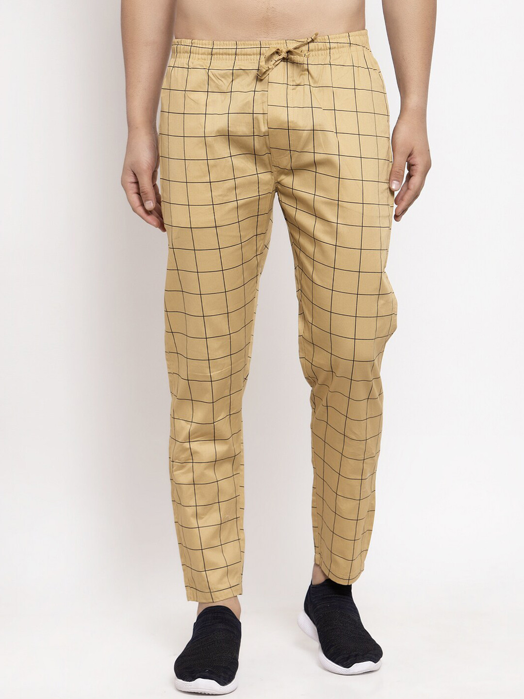 JAINISH Men Rust-Brown & Black Checked Pure Cotton Track Pant