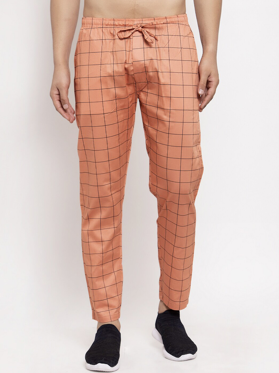 JAINISH Men Orange Checked Cotton Track Pants