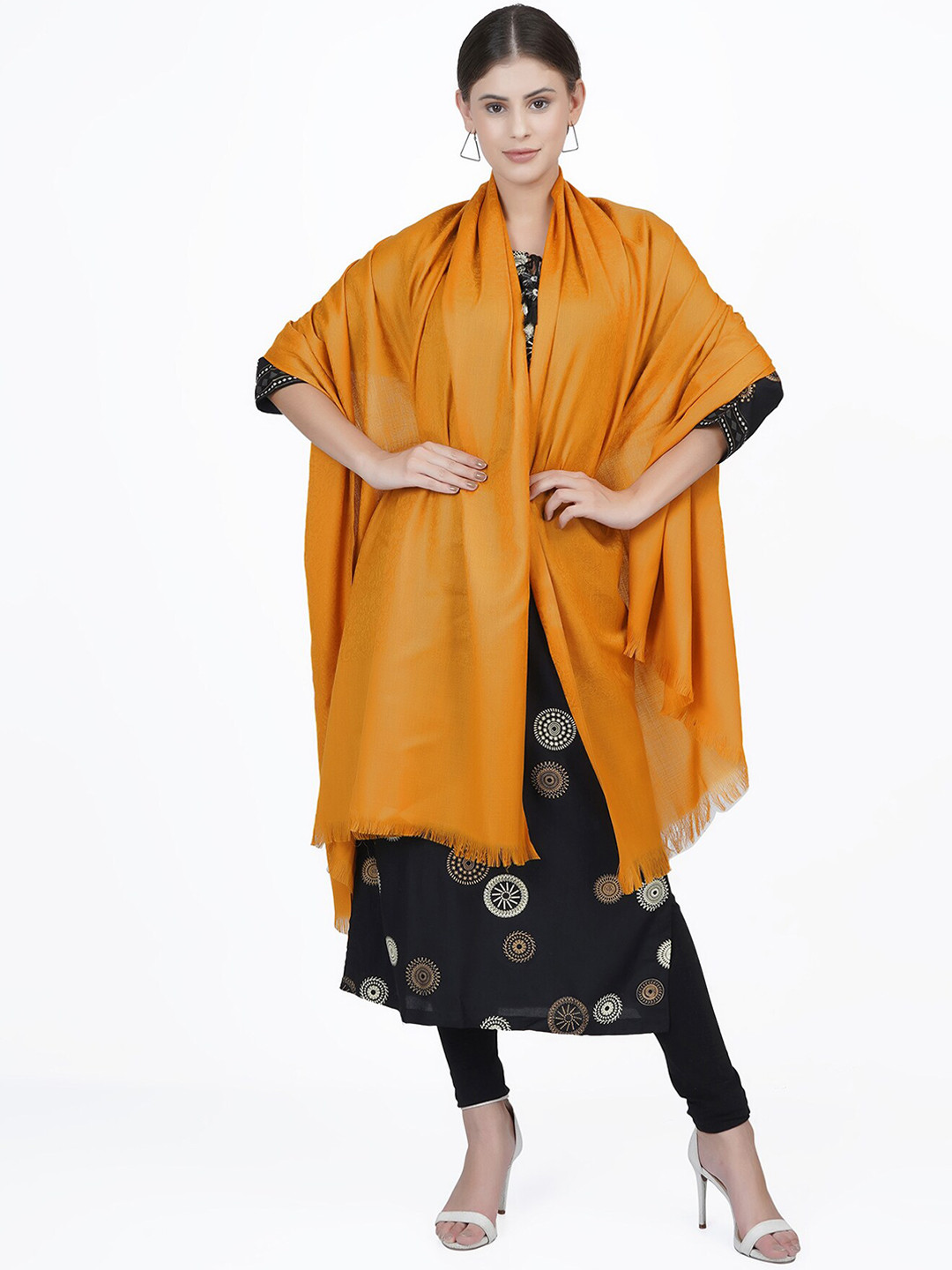 La Vastraa Women Mustard Solid Pure Wool Woven Shawl