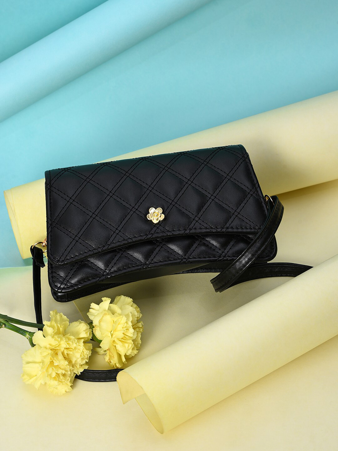 HAUTE SAUCE  Black Textured Structured Sling Bag with Quilted