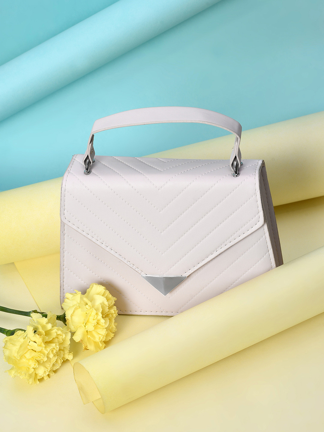 HAUTE SAUCE  White PU Structured Satchel with Quilted