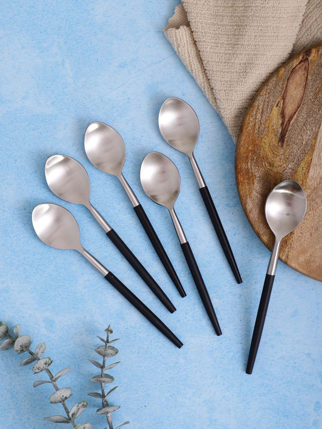 VarEesha Set of 6 Black Handle Matt Steel Table Spoons