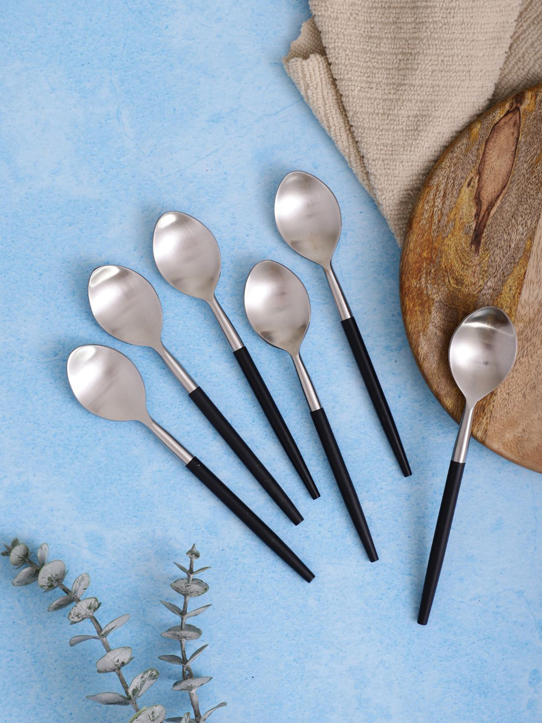 VarEesha Set of 6 Black Handle Matt Steel Tea Spoons