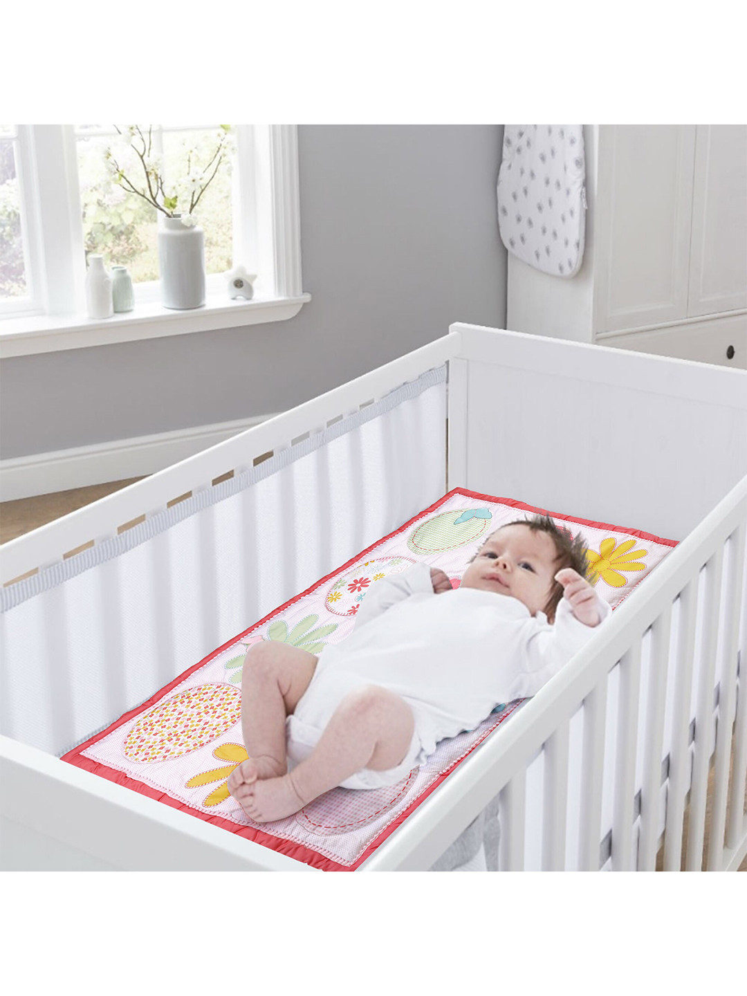 Baby Moo Kids Pink Floral Dreams Printed 4 Pcs Crib Bed Set