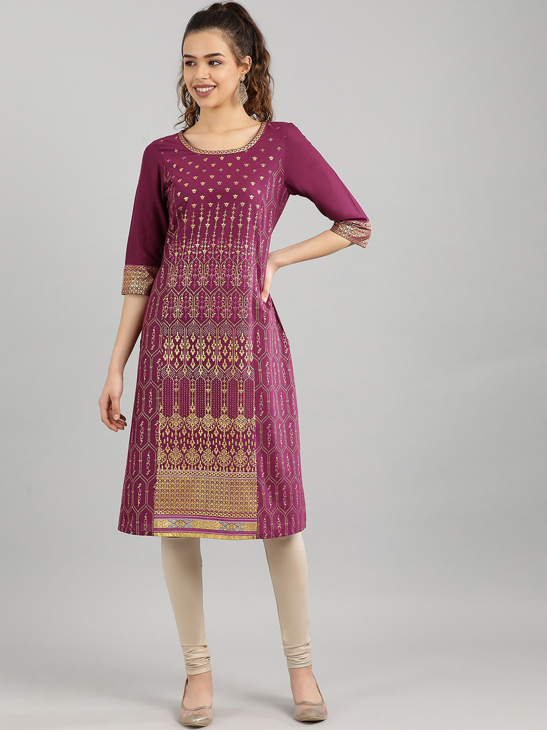 AURELIA Women Maroon & Gold-Toned Ethnic Motifs Printed 100% Cotton Straight Kurta