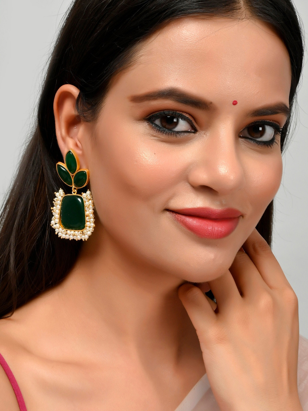 Silvermerc Designs Green & White Gold-Plated Leaf Shaped Onyx Studded Drop Earrings