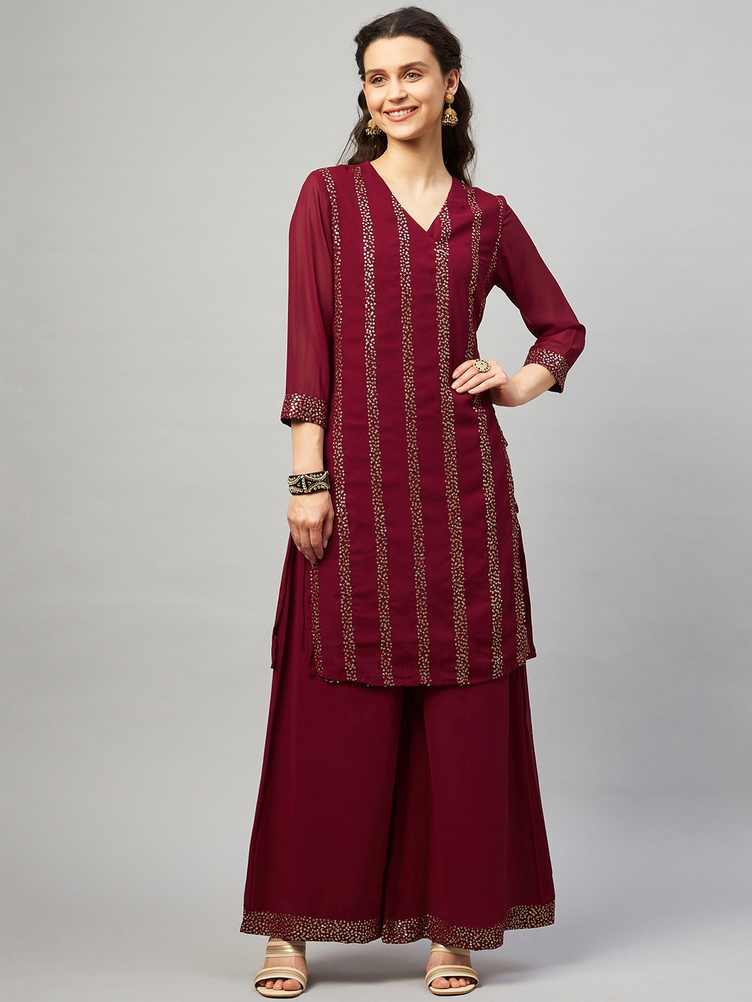 Mulmul Women Maroon Sequinned Embroidered Angrakha Kurta with Palazzos