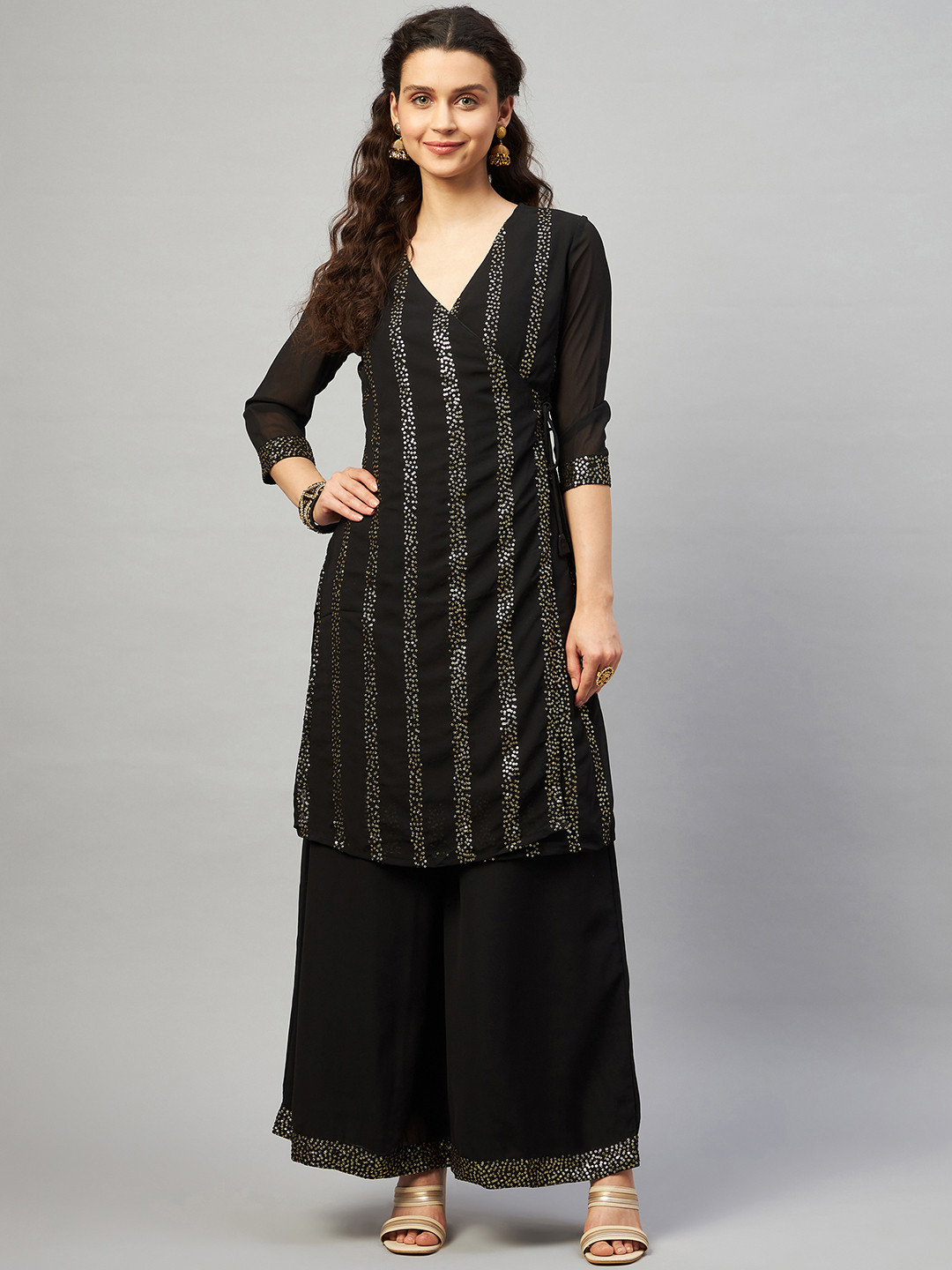 Mulmul Black Sequinned Embroidered Angrakha Kurta with Palazzos & With Dupatta