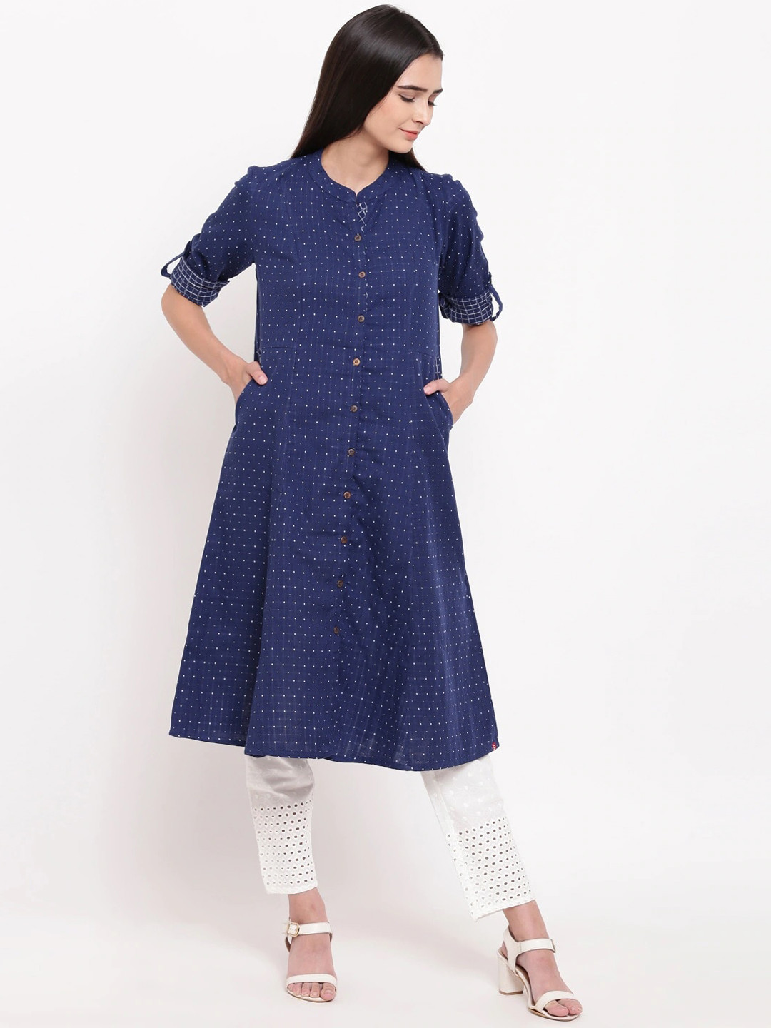 Biba Women Navy Blue Printed Pure Cotton Kurti with Trousers