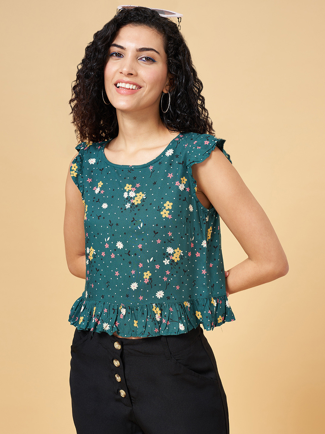 People Green Floral Print Crop Top