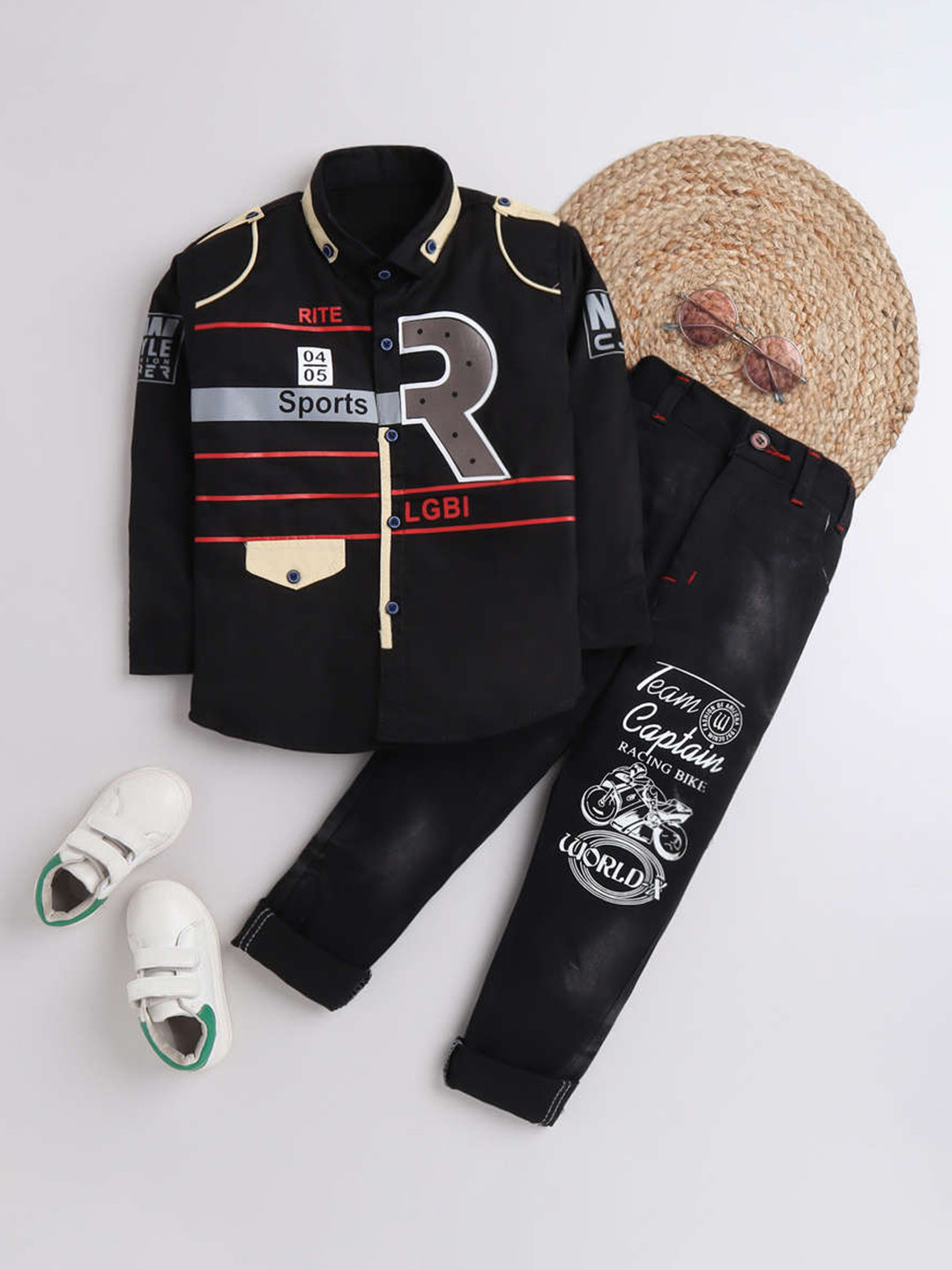 DKGF FASHION Boys Black Printed Shirt with Jeans