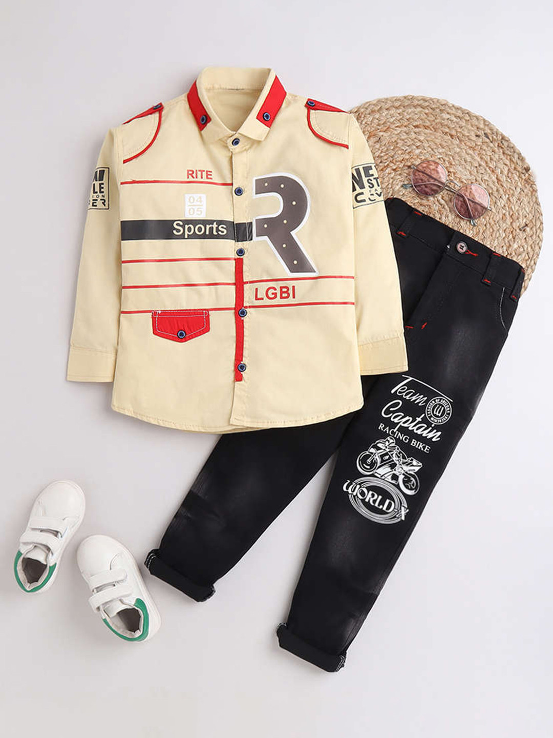 DKGF FASHION Boys Yellow & Black Printed Shirt with Jeans