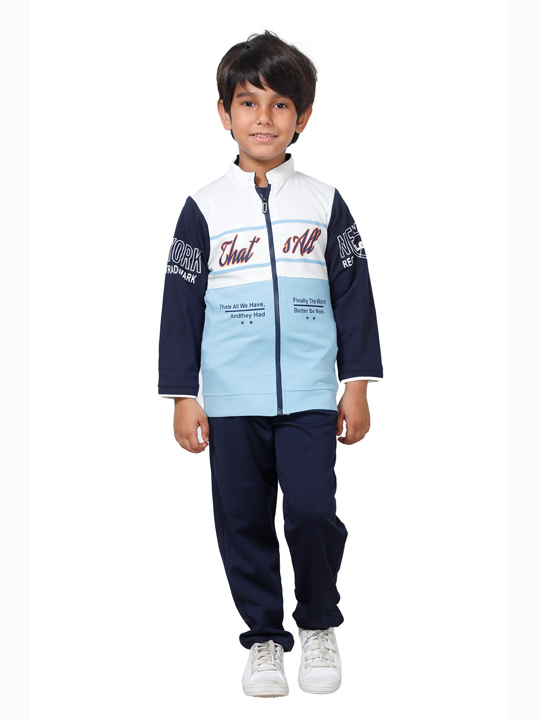 DKGF FASHION Boys Blue & Navy Blue Printed Jacket & Jeans With T-shirt