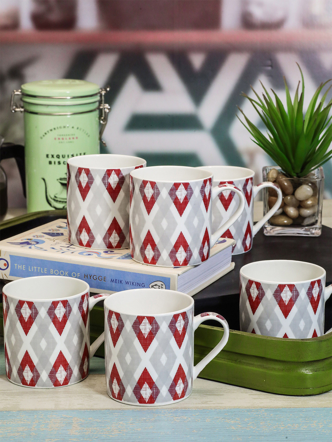 GOODHOMES White Geometric Bone China Microwave Safe 6 Piece Mugs-210ml