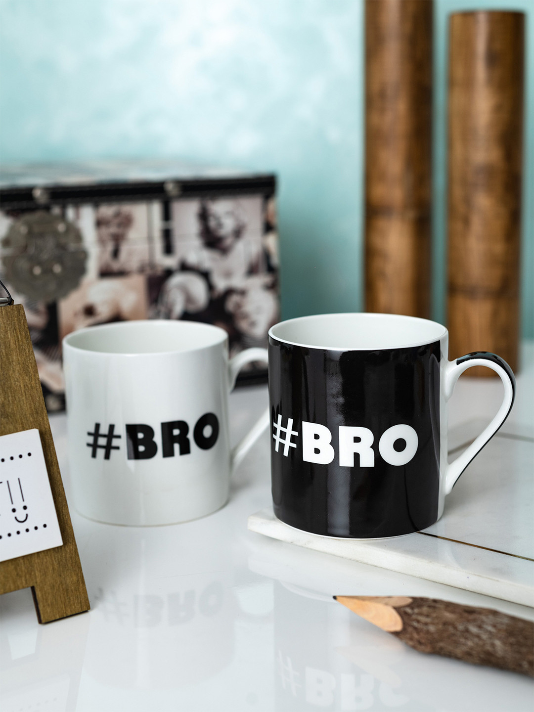 GOODHOMES Set of 2 White & Black Printed Bone China Mugs