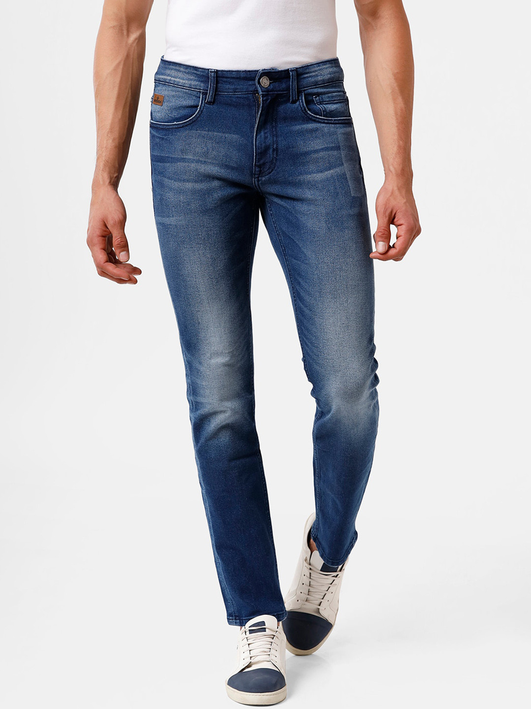 WROGN Men Blue Relaxed Fit Low Distress Heavy Fade Jeans 98% COTTON