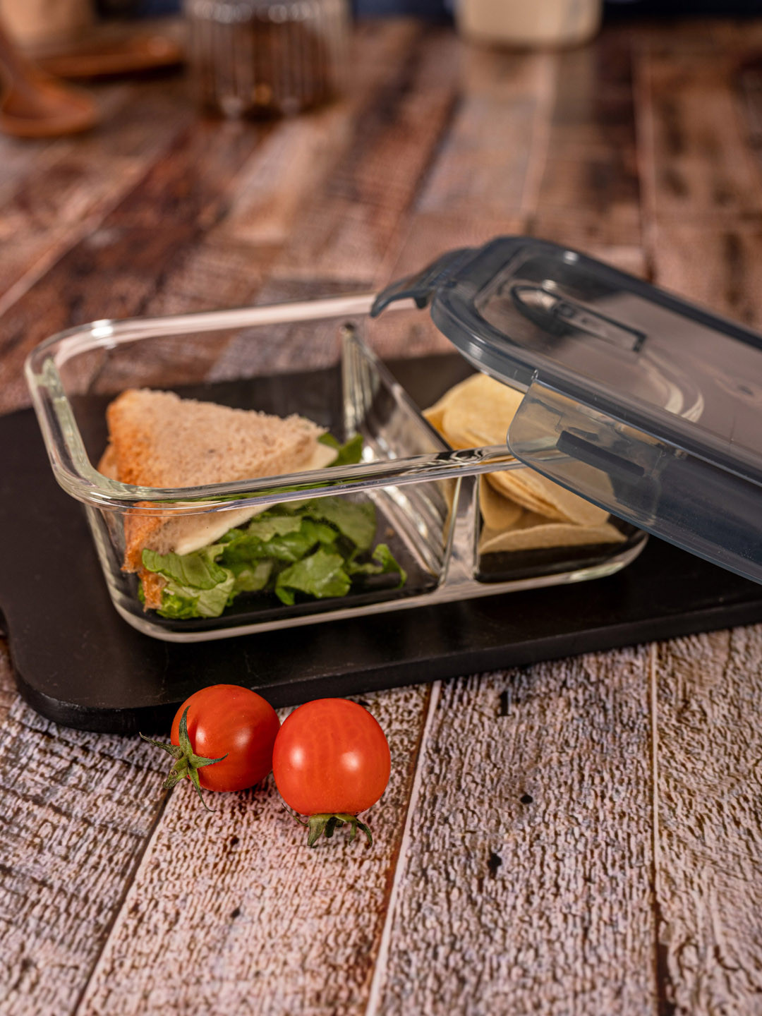 GOODHOMES Transparent Solid Glass Storage Box With Partition & Air tight Lid