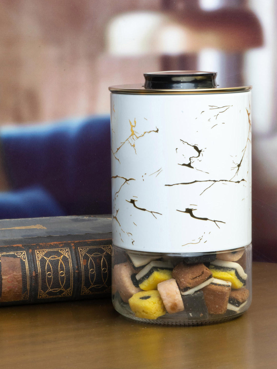 White Gold White & Transparent Printed Glass Storage Jar With Lid