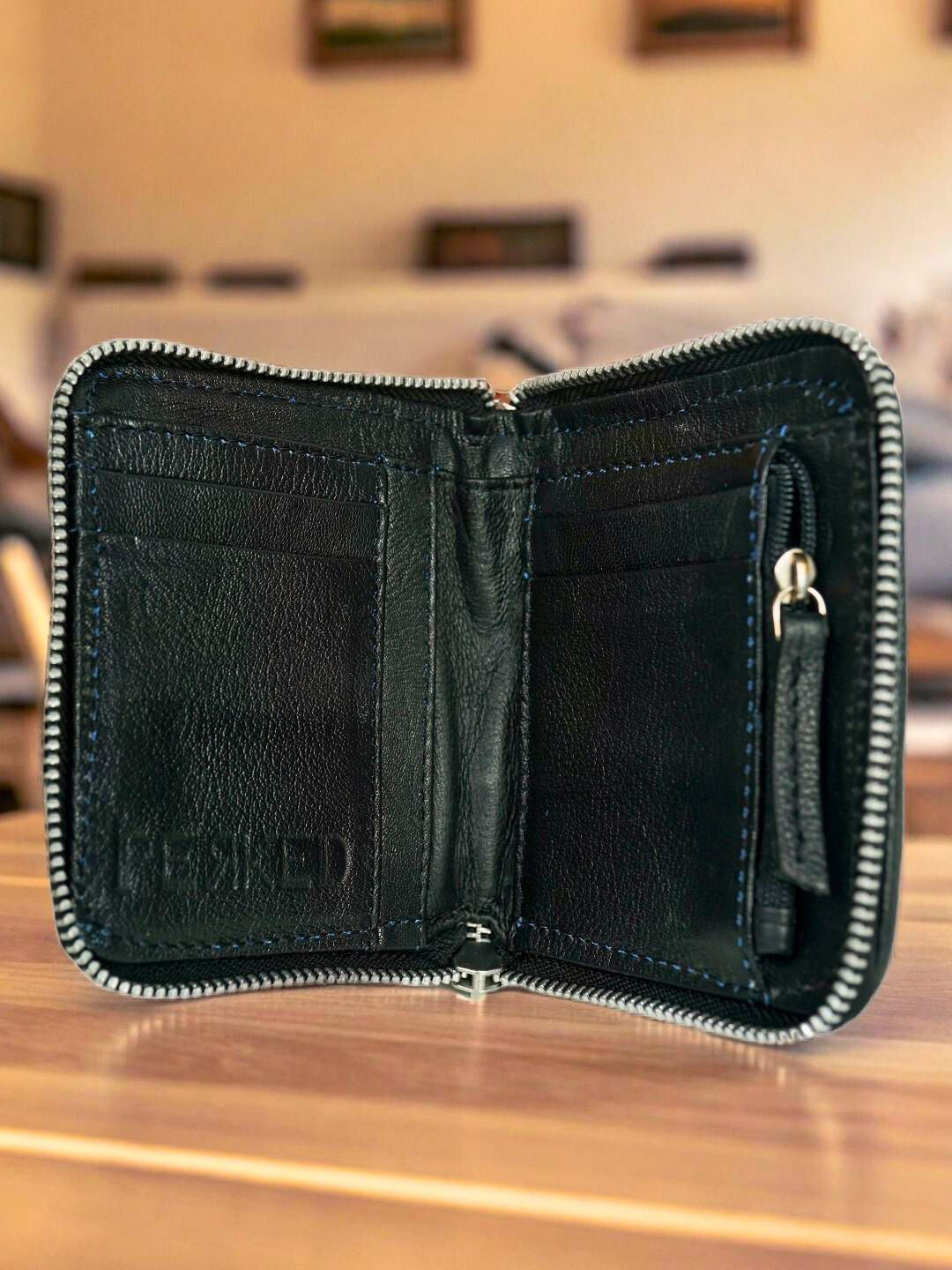 PERKED Women Black Zip Detail Leather Zip Around Wallet