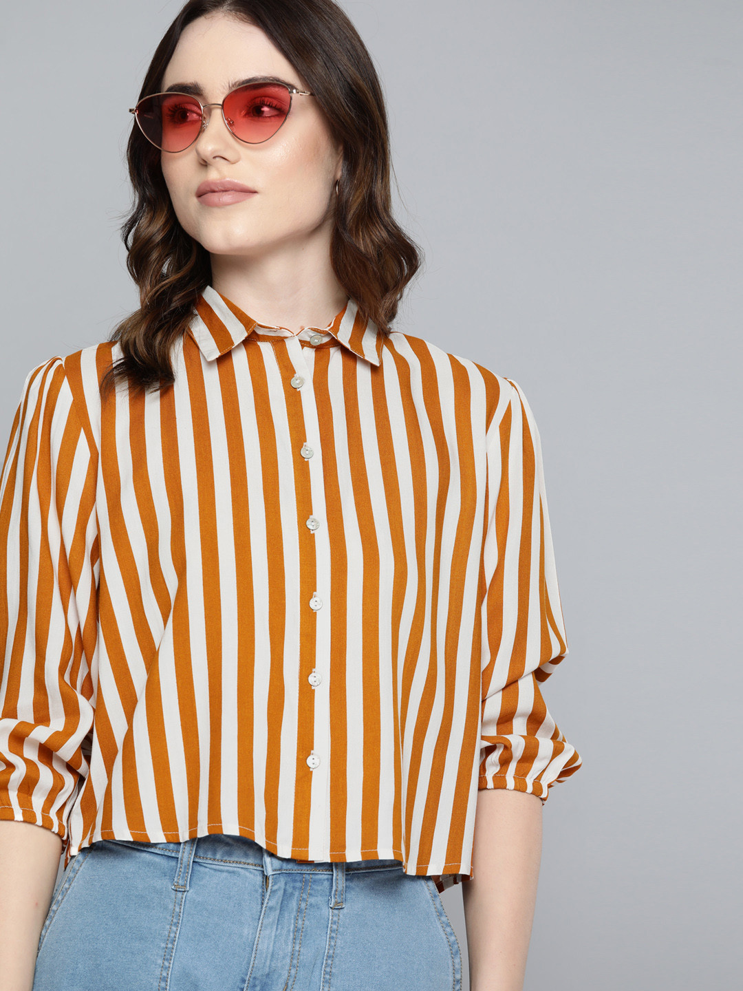Harvard Women White & Mustard Yellow Striped Puff Sleeves Casual Shirt