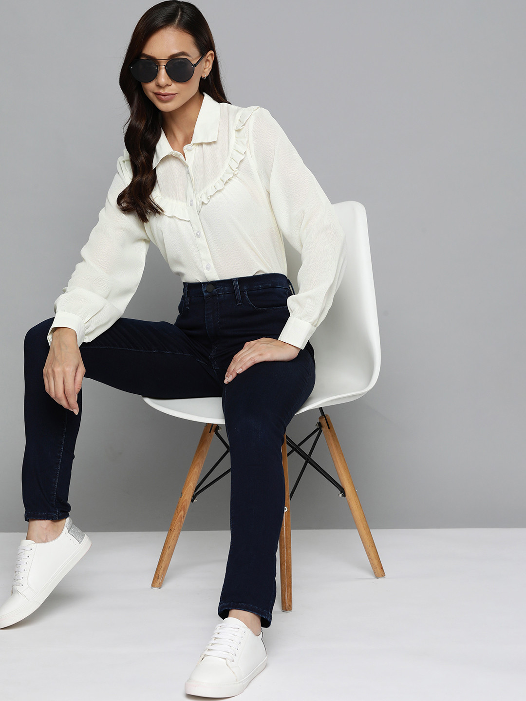 Harvard Women White Solid Ruffle Casual Shirt