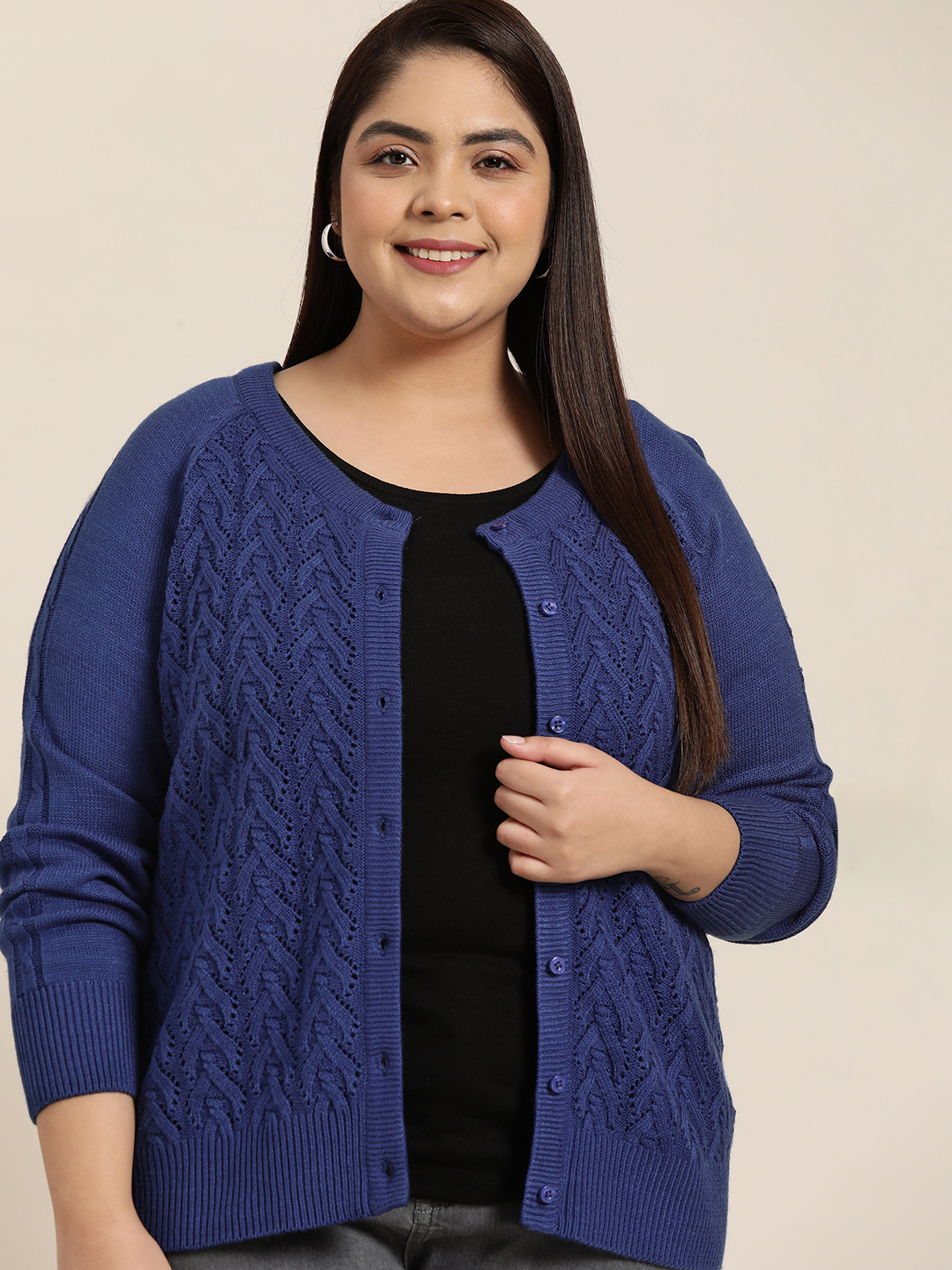 Sztori Women Plus Size Navy Blue Self Design Longline Cardigan