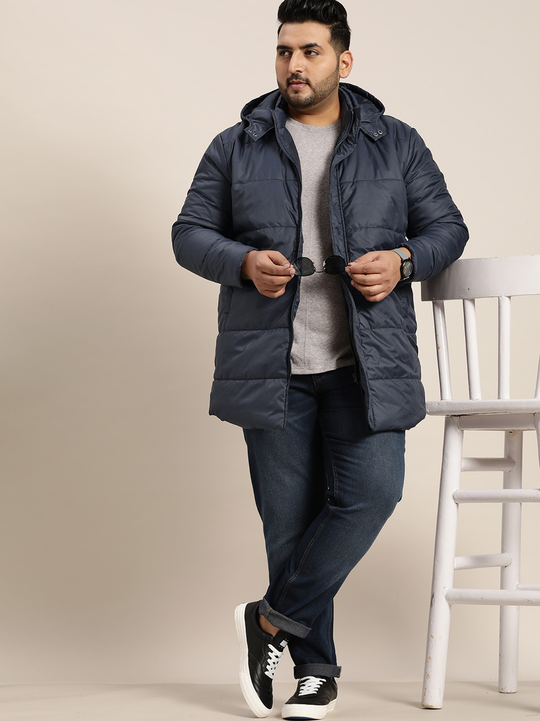 Sztori Plus Size Men Navy Blue Hooded Quilted Puffer Jacket