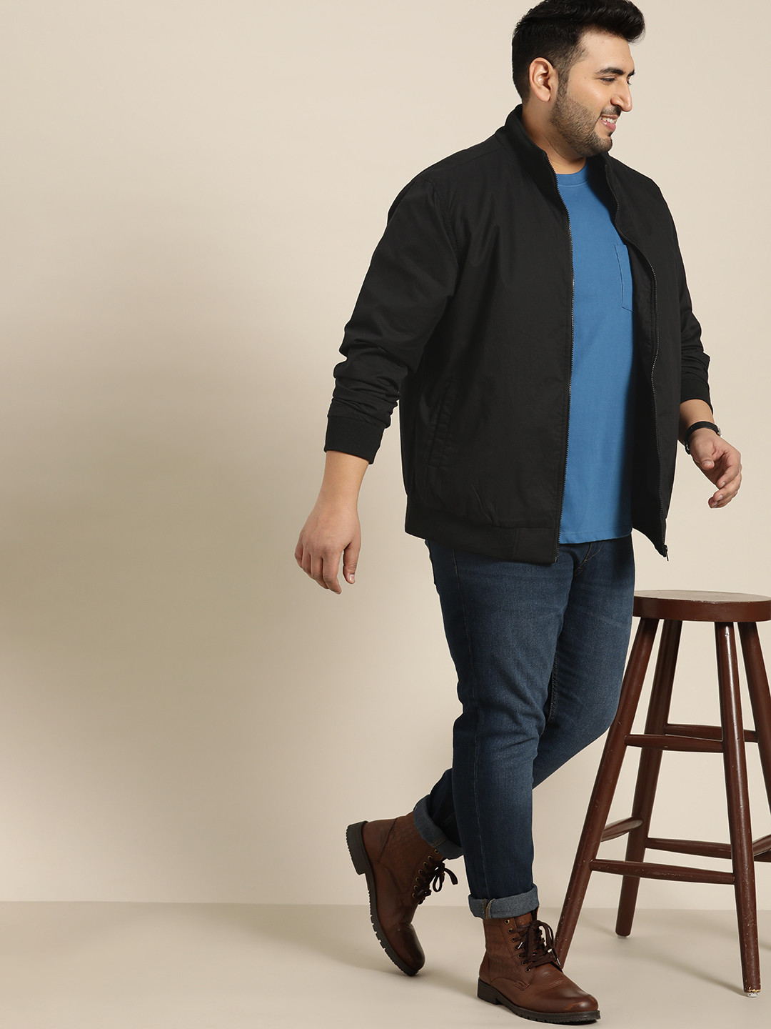 Sztori Men Plus Size Black Solid Mock Collar Bomber Jacket