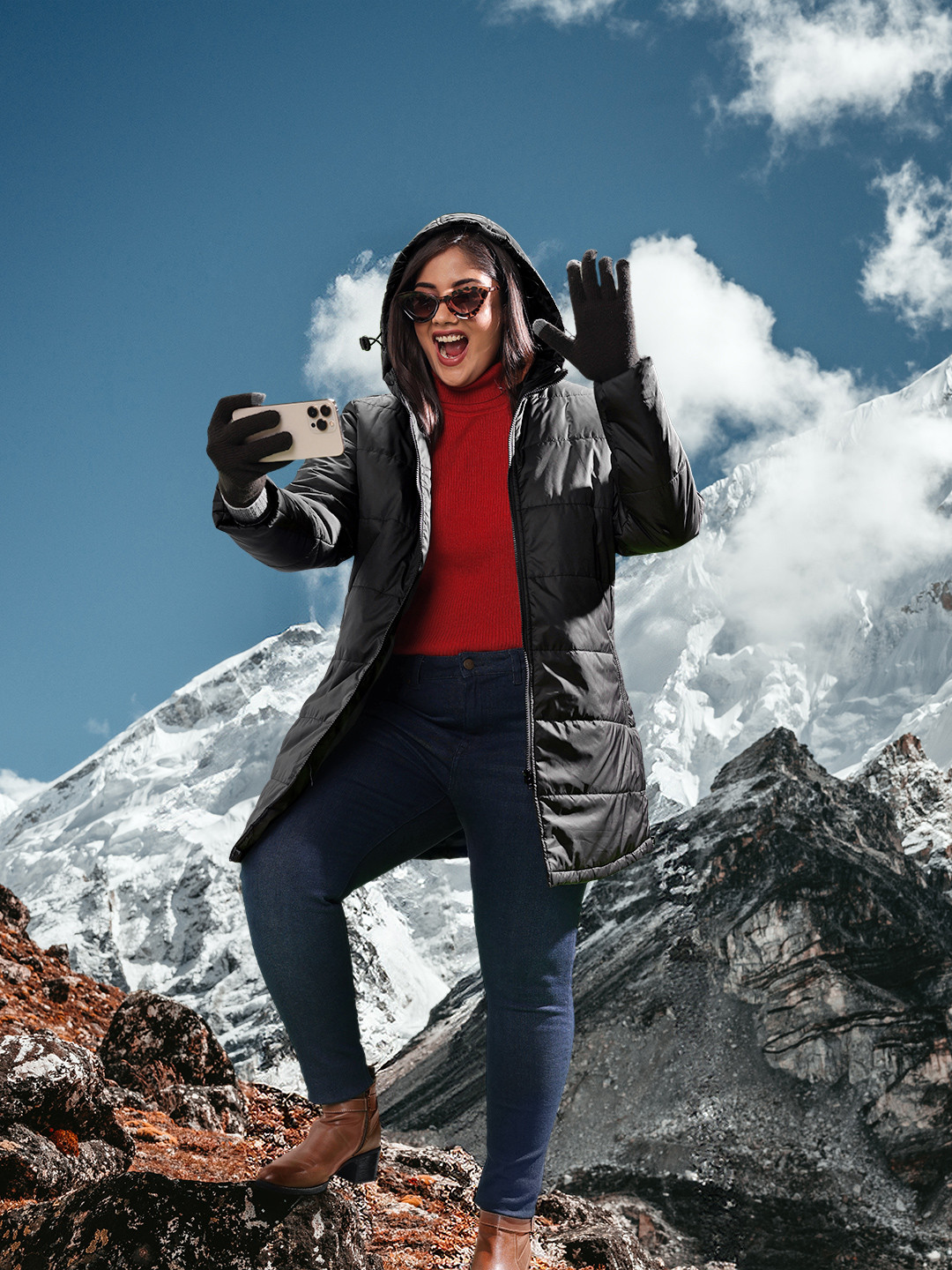 Sztori Women Plus Size Black Hooded Longline Padded Jacket