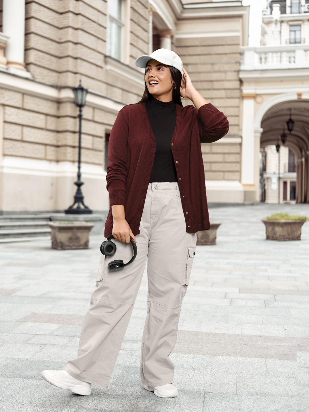 Sztori Women Plus Size Burgundy Solid Acrylic Cardigan
