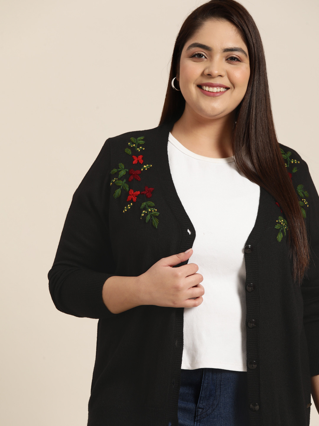 Sztori Women Plus Size Black Floral Embroidered Longline Cardigan