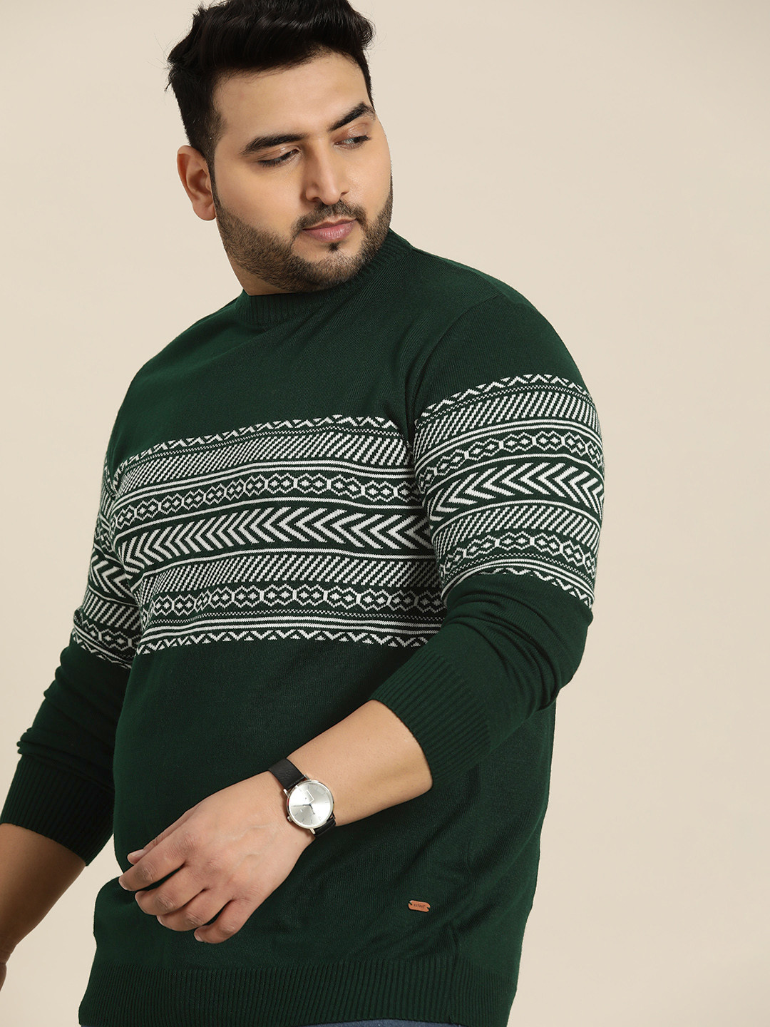 Sztori Men Plus Size Green & White Self Design Acrylic Pullover