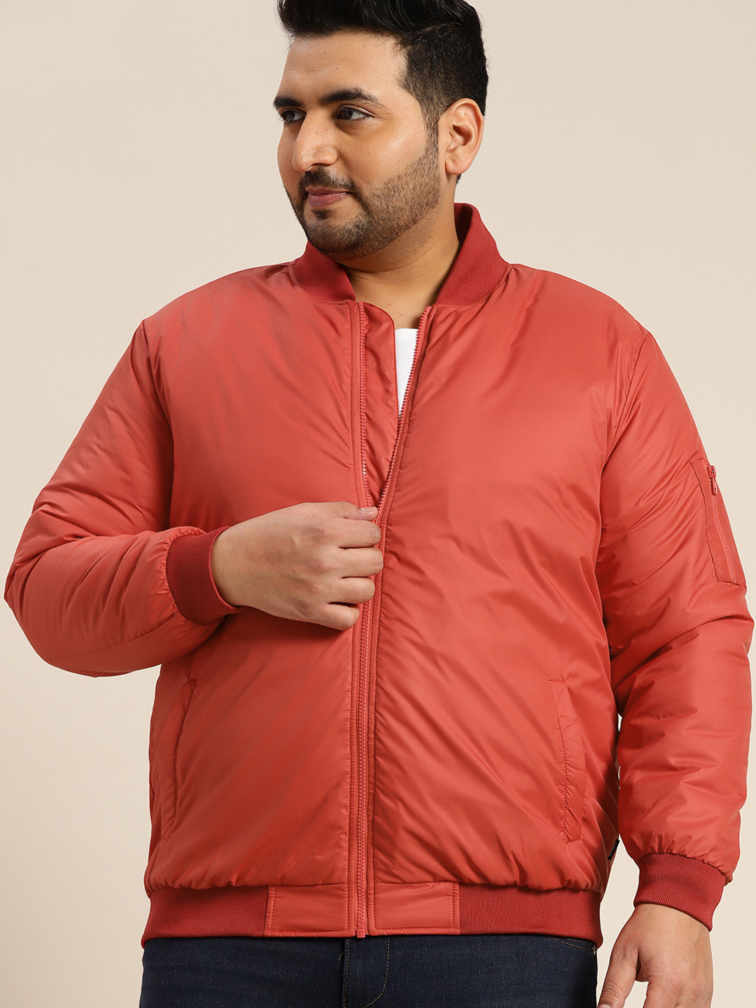 Sztori Men Plus Size Orange Solid Bomber Jacket