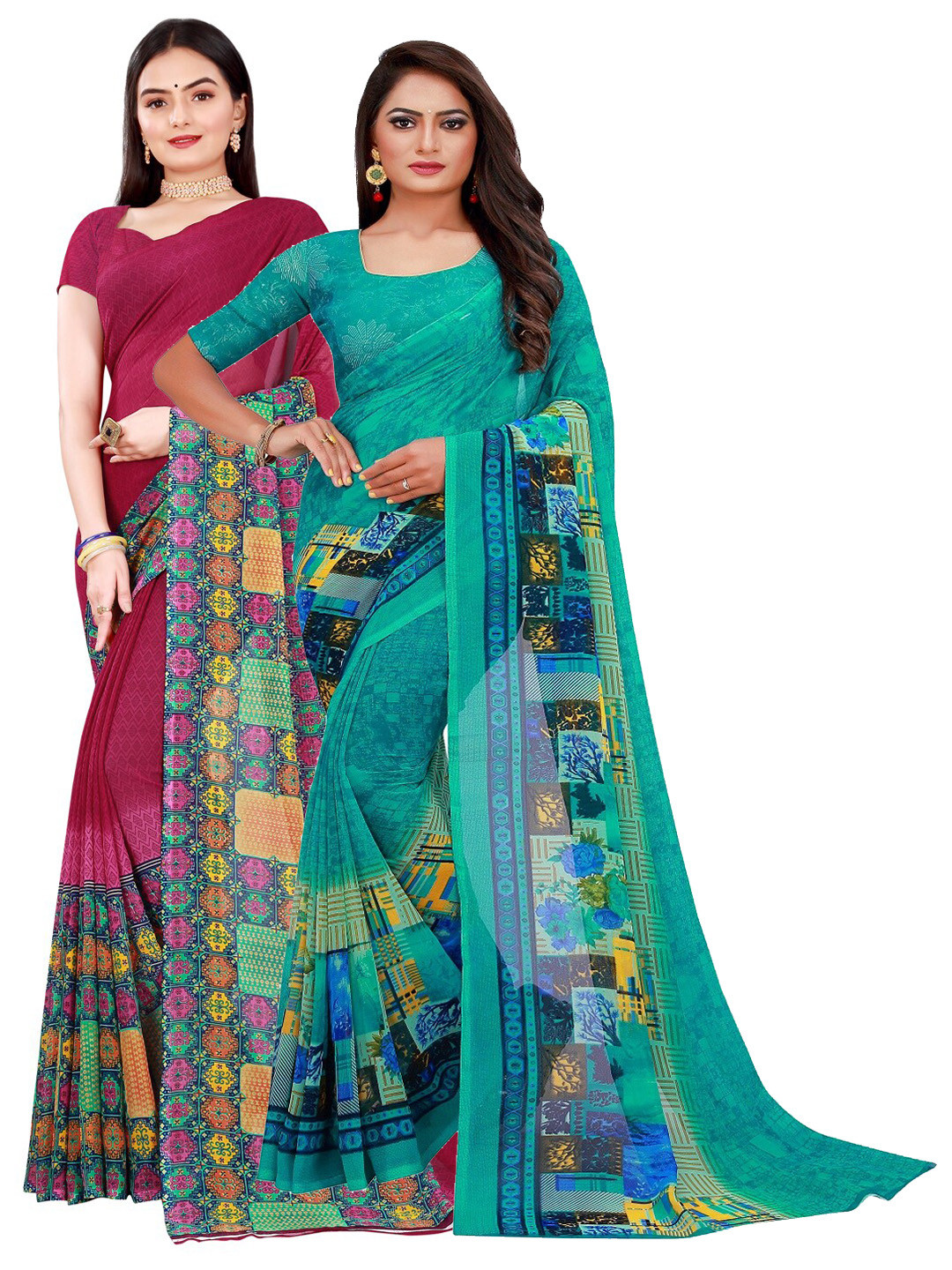 SAADHVI Pack of 2 Green & Pink Pure Georgette Saree
